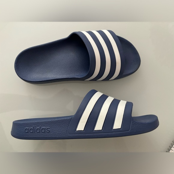 adidas® Adilette Aqua Slides Dark Blue with White Stripes, women’s Size 7 - Picture 2 of 6